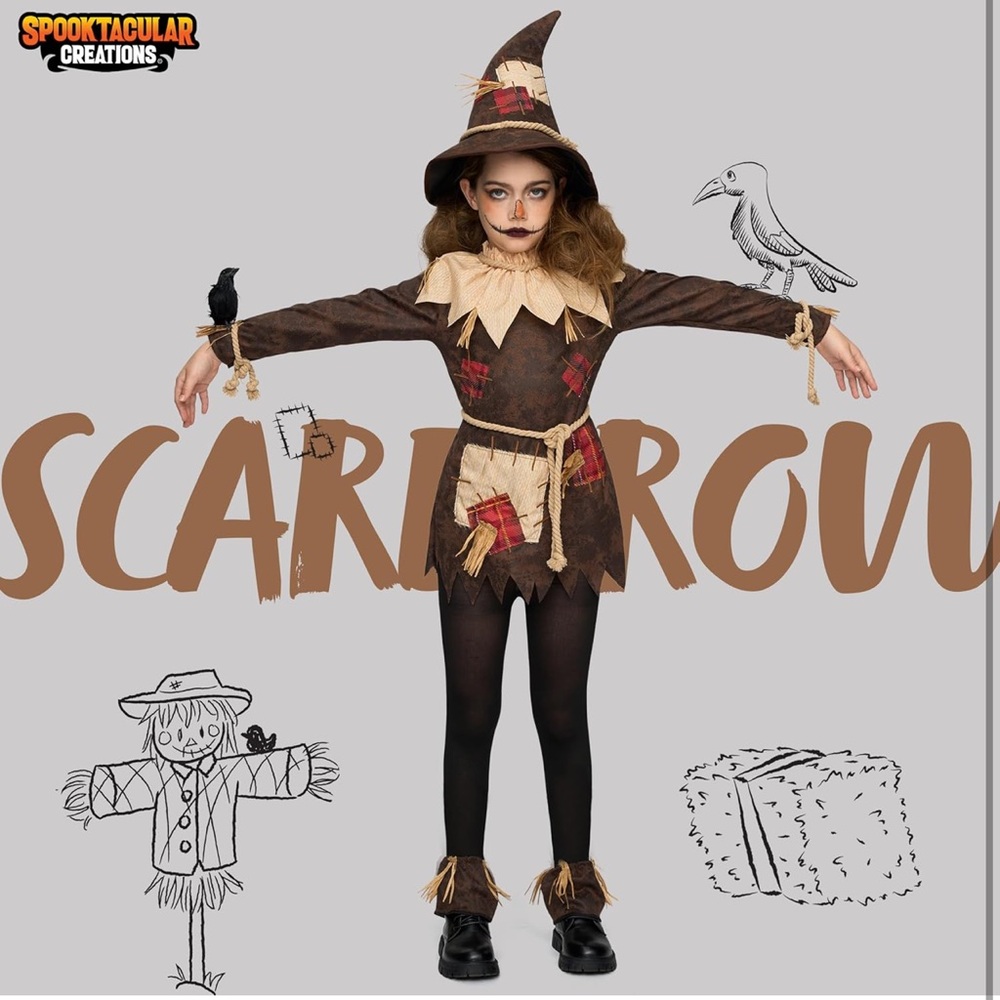 Kids Brown Scarecrow Costume with Hat and Patch Details